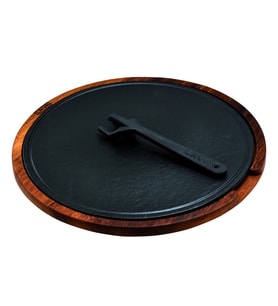 Lava Döküm Ahşap ve Döküm Demir Hot Plate Servis Tahtası. Çap(Ø)34cm. (Siyah)