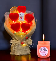 Led Işıklı Kırmızı Kalp Buketi ve Kokulu Mum Hediye Seti  Sevgiliye Arkadaşa Hediye (Turuncu)