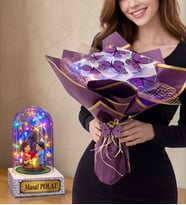 Kişiye Özel Hediye Renkli Led Işıklı Fanus ve Renkli Led Işıklı Kelebek Buketi (Model 1)