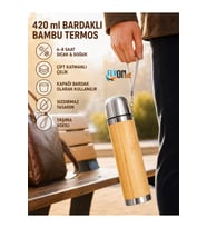 Bambu Çelik Termos Mug 420 ml, Sıcak Soğuk İçecek Termosu, 6–8 Saat Isı Koruyan, Sızdırmaz Bardak Kapaklı Taşıma Askılı Matara