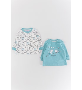 Kedi Figürlü 2'li Kız/Erkek Bebek Body Sweat Takımı (Yeşil)