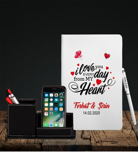 Sevgililer Gününe Özel Beyaz Defter Kalem & Deri Kaplama Kalemlik Hediye Seti 7