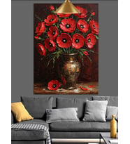 Kırmızı Çiçekler Karanlık Bir Ortamda Dekoratif Kanvas - Mdf Ahşap Tablo