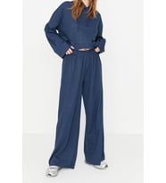 Tarz Rahat Uzun Kollu Geniş Paça Geniş Kalıp Örme Pijama Takımı