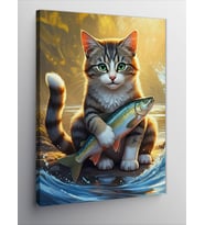 Kanvas Tablo Balık Tutan Kedi