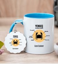 Kişiye Özel Yengeç Burcuna Hediye Mavi Kupa Bardak ve Anahtarlık