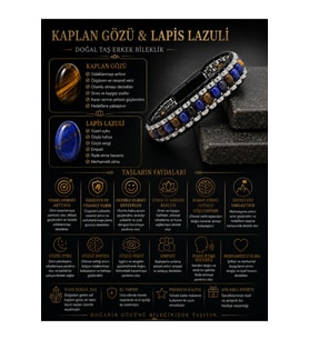 Sertifikalı Kaplan Gözü - Lapis Lazuli Hematit Arpa Kesim Kilitli Doğal Taş Deri Erkek Bileklik