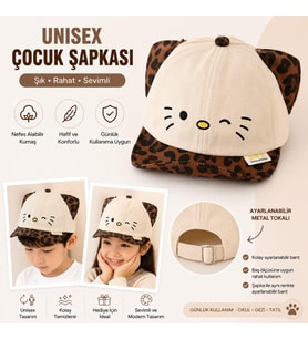 Valkyrie Unisex Çocuk Kedi Nakışlı Kulaklı Bej Şapka Leopar Desenli Ayarlanabilir Yazlık Kep