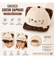 Valkyrie Unisex Çocuk Kedi Nakışlı Kulaklı Bej Şapka Leopar Desenli Ayarlanabilir Yazlık Kep