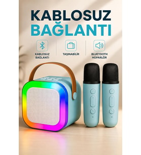 Coverzone Kablosuz Mikrofonlu Karaoke Makinesi Taşınabilir Bluetooth Hoparlör ENT Seti Bas Tiz Ayarlı Retro Hoparlör Yetişkinler ve Çocuklar İçin Hafıza Kartı ve USB 10x10x6cm (Çiftli K12 - Turkuaz)