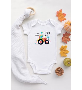 Organik %100 Pamuk Kısa Kollu Beyaz Lets Work Bebek Body Bebek Badi Çıtçıtlı Zıbın