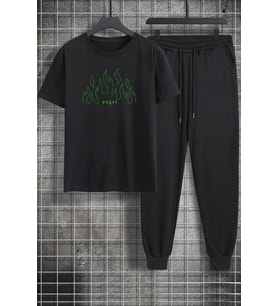 Unisex Green Angel Baskılı 2'li Eşofman Takımı (Siyah)