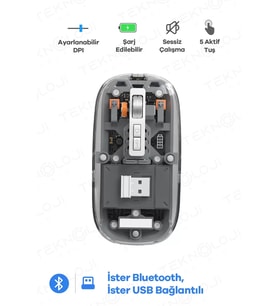 Bluetooth Usb Çift Modlu Sessiz Mouse, Type-c Şarjlı, Dpı Ayarlı, Kablosuz 10m Çekim Mesafeli, Taşınabilir Şarjlı Mouse Siyah