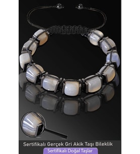 Sertifikalı Küp Model Doğal Gri Akik Taşı Bileklik - Ayarlamalı (Çok Renkli)