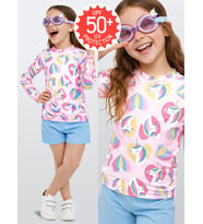 UV Korumalı Kız Çocuk Mayo T-shirt UVP+50 Faktör Koruma Uzun Kollu Unicorn (Pembe)