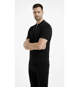 pilelistore- Erkek Triko Kumaş Yakalı Düğmesiz Açık Yaka Fitilli Kısa Kollu Regular Fit Tişört T-shi (Siyah)