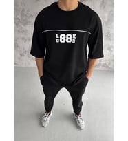 pilelistore- Unisex Bisiklet Yaka Baskılı Oversize T-Shirt - Siyah