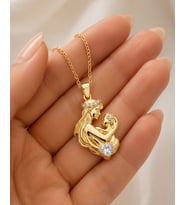 925 Ayar Gümüş Anne Bebek Figürlü Kalp Taşlı Gold Kolye