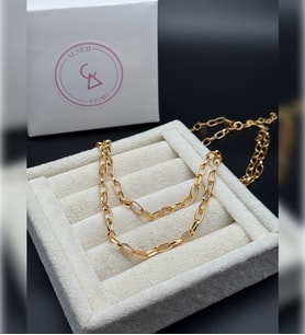 Kadın 14 Ayar Gold Renk Çift Sıralı Geçmeli Zincir Kolye , 40 cm Choker Zincir , Halat Zincir
