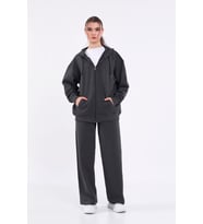 Kadın Antrasit Normal Kalıp Basic Beli Lastikli Kapüşonlu Oversize Mevsimlik Alt Üst Eşofman Takımı
