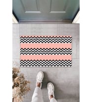 Çok Amaçlı Dijital Baskı Siyah-Pembe Zigzag İç ve Dış Mekan Kapı Paspası (Krem)