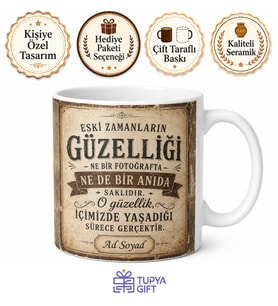 Eskitme Efektli Retro Tasarım Baskılı Porselen Kupa Bardak Nostaljik Hediye
