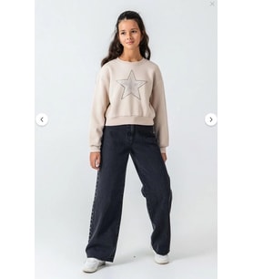 Yıldız Detaylı Kız Çocuk Geniş Paça Kot Pantolon Cepli  Jean 05792 (Füme)