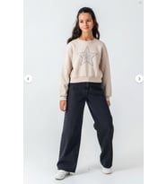 Yıldız Detaylı Kız Çocuk Geniş Paça Kot Pantolon Cepli  Jean 05792 (Füme)