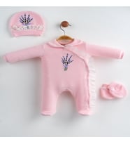Kız Bebek Yeni Doğan LAVANTA NAKIŞLI3 Parça Hastane Çıkışı Tulum Seti , DOĞUM HEDİYESİ (Pembe)