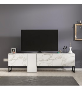 T0016 Kapaklı, Metal Ayaklı, Tv Sehpası (Beyaz-Mermer)