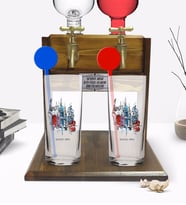 BK Gift Kişiye Özel Renkli Baskılı London Tasarımlı İkili Vodka Bardağı ve Çift Musluklu Doğal Ahşap Vodka Standı-4 (Model 1)
