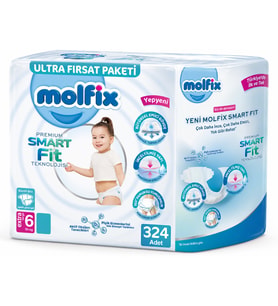 Molfix Premium Smart Fit Bebek Bezi 6 Beden 15+ KG Extra Large 324 Adet Ekstra Ultra Fırsat Pk