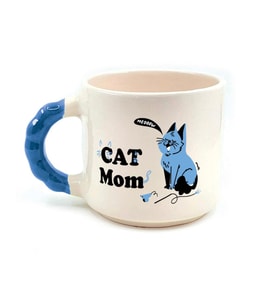 Cat Mom Baskılı Mavi Kulplu Boncuk Kupa