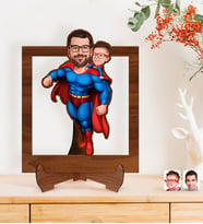 BK Gift Kişiye Özel Süper Baba-Oğul Karikatürlü Ahşap 3D Standlı Biblo-3, Babalar Günü Hediyesi, Babaya Hediye