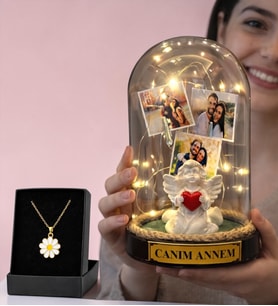 Anneler Günü Hediyesi Fotoğraflı Işıklı Melek Annem Fanus ve Tasarım Kolye