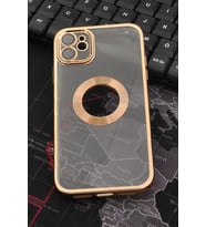 iPhone 11 Uyumlu Altın Sarı Gold Renkli Kenarlı Lazerli Şeffaf Kılıf Lens Korumalı (Renksiz)