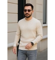 Erkek Bisiklet Yuvarlak Yaka Triko Kazak Pamuklu Kalın Fitilli Dokuma, Regular Fit Uzun Kollu Kışlık Model - Bej