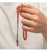 Sıkma Kehribar Kazaz Püsküllü 1000 Ayar Gümüş Tesbih (Bej)