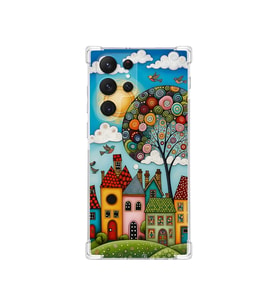 PrintiFy Samsung Galaxy S21 Ultra ile Uyumlu Düşlerin Dansı Serisi Gökyüzü Şehri Tasarımlı Uv Baskılı Köşe Korumalı Antişok Kılıf