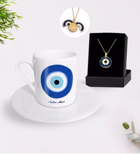 BK Gift Kişiye Özel Nazar Temalı Türk Kahvesi Fincanı ve Açılan Nazar Kolye Hediye Seti (Model 1)