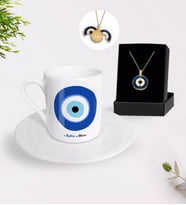 BK Gift Kişiye Özel Nazar Temalı Türk Kahvesi Fincanı ve Açılan Nazar Kolye Hediye Seti (Model 1)
