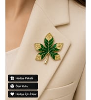 Hediye Yeşil Yaprak Desenli Premium Gold Renk Kadın Broş Rozet