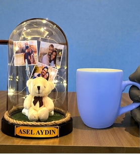 Size Özel Tasarım Led Işıklı Fanus ve Turkuaz Kupa Bardak Hediye Seti (Model 1)