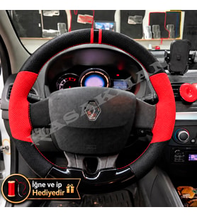 Renault Scenic 3 Dikme Direksiyon Kılıfı Parlak Siyah Kırmızı Detaylı Kırmızı Çift Yüzük ve Dikiş 2009-2016