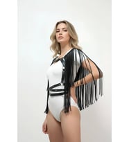 Püskül Detaylı Deri Göğüs Harness, Deri Harness Püsküllü Ceket