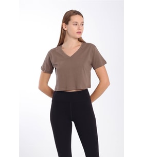 Maraton Regular Kadın V Yaka  Kakao Crop Top