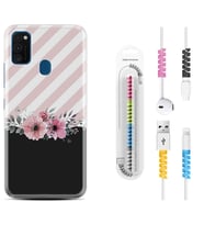 Samsung M21 M22 M23 M30 M31S M32 Kılıf Kablo Koruma Spiral Silikon Strip Pink Flowers 1396