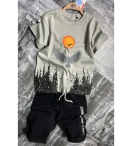 Erkek Çocuk Ağaç ve Güneş Baskılı T-shirt Yazı Detaylı Gri Şortlu Takım