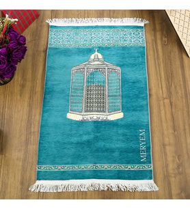 İsimli Makam-ı İbrahim Lüks Şönil Seccade Turkuaz (70x126cm) 240 gr
