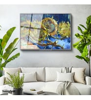 Gümüş Renk Metal Çerçeveli Tamperli Cam Tablo Vincent van Gogh Kurumuş Ayçiçekleri Mavi Zemin Ressam Tablosu Dekoru